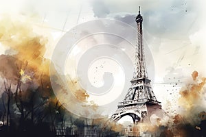 Watercolor postcard of Eiffel tower with copy space for text