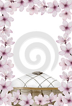 Watercolor postcard for Nauryz holiday. Template with frame of pink cherry blossoms and yurt. Clipart for the Kazakh