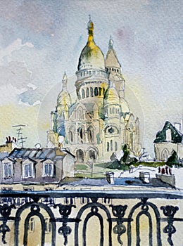 Watercolor postcard Sacre Coeur dome from Montmartre balcony, sp