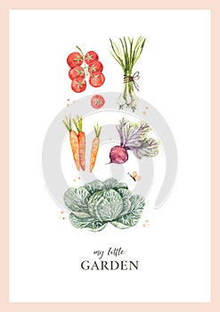 Watercolor poster with farm vegetables. My little eco Garden print with carrots, onions, cabbage, beets, tomato. Harvest. Perfect