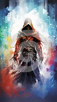 Watercolor poster of medieval assassin. Cool design of hooded thief character. Hand drawn , Generate AI