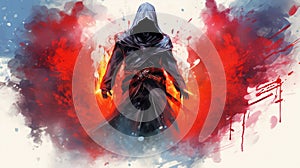 Watercolor poster of medieval assassin. Cool design of hooded thief character. Hand drawn , Generate AI