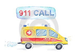 Watercolor Poster with racing yellow ambulance, cartoon style. Isolated illustration. 911 call.