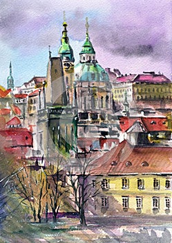 Watercolor Prague with houses, cathedrals and church steeples photo