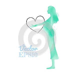 Watercolor of pregnant woman holding heart symbol isolated on white background.  Watercolor style. Vector illustration
