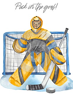 Watercolor premade card Hockey goalie on goal with puck for invitations and cards