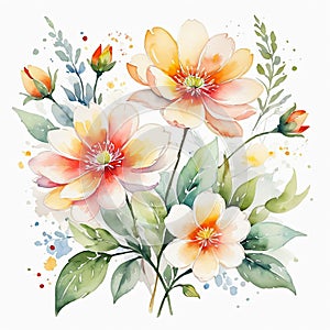 Watercolor pretty flowers on white background