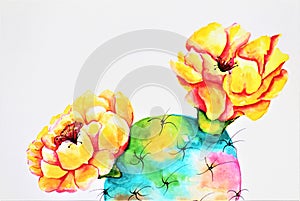 Watercolor Prickly Pear Cactus, Opuntia,  in Bloom