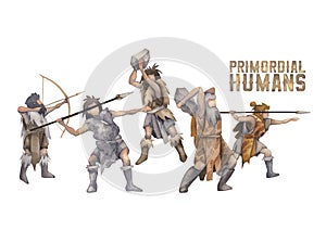 Watercolor primordial humans with weapons, hunters and warriors