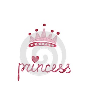 Watercolor princess word with pink crone