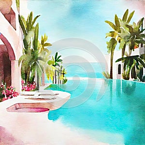 Watercolor of Product display piscina de lujo background piscina agua turquesa y palmeras IA generativa photo