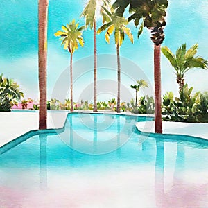 Watercolor of Product display piscina de lujo background piscina agua turquesa y palmeras IA generativa photo