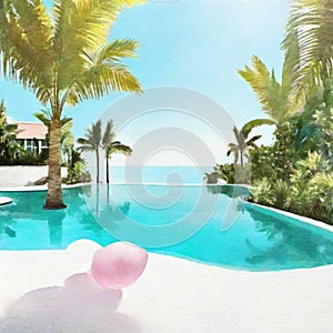 Watercolor of Product display piscina de lujo background piscina agua turquesa y palmeras IA generativa photo