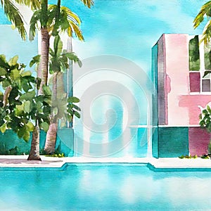 Watercolor of Product display piscina de lujo background piscina agua turquesa y palmeras IA generativa photo