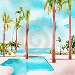 Watercolor of Product display piscina de lujo background piscina agua turquesa y palmeras IA generativa photo