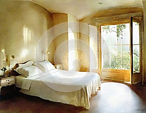 Watercolor of Provence bedroom interior featuring cozy AI