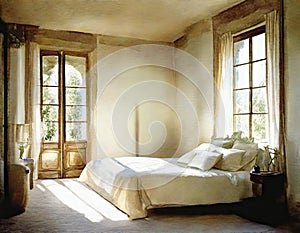 Watercolor of Provence bedroom interior featuring cozy AI