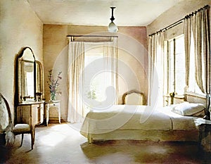 Watercolor of Provence bedroom interior featuring vintage AI