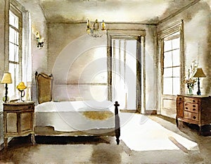 Watercolor of Provence bedroom interior featuring vintage AI