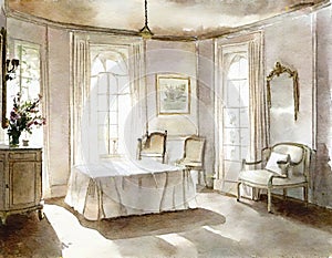 Watercolor of Provence bedroom interior featuring vintage AI