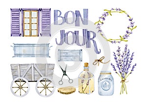 Watercolor Provence elements, lettering and lavender isolated clipart