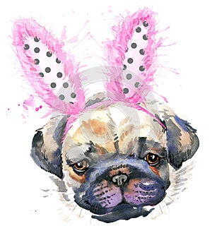 Watercolor pug dog illustration.