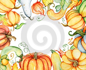 Watercolor pumpkin and autumn leaves card. Harvest composition. Happy Thanksgiving day. Hand drawn illustration