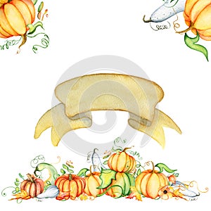 Watercolor pumpkin and autumn leaves card. Harvest composition. Happy Thanksgiving day. Hand drawn illustration