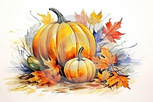 Watercolor pumpkin and autumn leaves. Harvest composition. Happy Thanksgiving day. Festive watercolour composition Autumn harvest