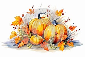 Watercolor pumpkin and autumn leaves. Harvest composition. Happy Thanksgiving day. Festive watercolour composition Autumn harvest