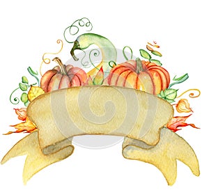 Watercolor pumpkin and autumn leaves. Harvest composition. Happy Thanksgiving day. Hand drawn illustration