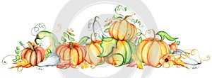 Watercolor pumpkin and autumn leaves. Harvest composition. Happy Thanksgiving day. Hand drawn illustration