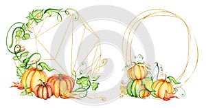 Watercolor pumpkin and autumn leaves wreath. Harvest composition. Happy Thanksgiving day. Hand drawn illustration