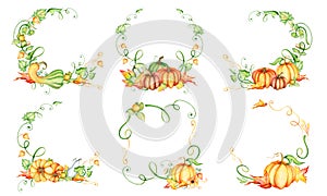 Watercolor pumpkin and autumn leaves wreath. Harvest composition. Happy Thanksgiving day. Hand drawn illustration