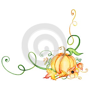 Watercolor pumpkin and autumn leaves wreath. Harvest composition. Happy Thanksgiving day. Hand drawn illustration