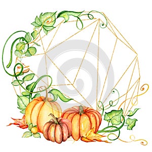 Watercolor pumpkin and autumn leaves wreath. Harvest composition. Happy Thanksgiving day. Hand drawn illustration
