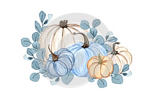 Watercolor pumpkin composition, floral pumpkins, Halloween clip art, autumn design elements, fall arrangement, Harvest
