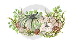 Watercolor pumpkin composition, floral pumpkins, Halloween clip art, autumn design elements, fall arrangement, Harvest