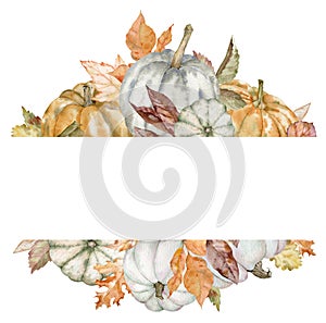 Watercolor pumpkin and fall leaves frame. Autumn borders with orange leaves.