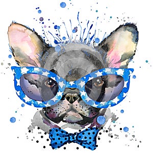 Watercolor puppy dog illustration. French Bulldog breed.