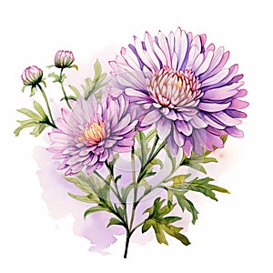 Watercolor Purple Chrysanthemum: Traditional Composition With Charming Illustrations