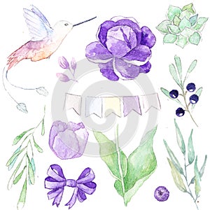 Watercolor purple floral with bird elements drawing