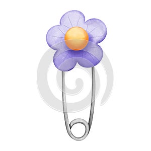 Watercolor purple flower safety pin clipart. Hand painted school element illustration isolated on white background.