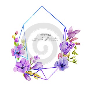 Watercolor purple freesia flowers geometric stylish frame