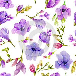 Watercolor purple freesia flowers seamless pattern