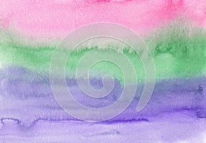 Watercolor purple, green, pink stripes background, stains on paper.