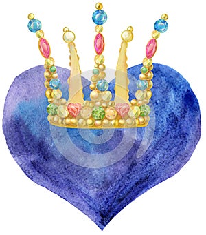 Watercolor purple heart with golden crown