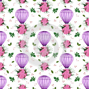 Watercolor purple hot air balloon with roses seamless pattern. Hand painted illustration on white background. For design, prints,