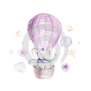 Watercolor purple illustration of a cute animal safary elephant and fancy sky scene complete with airplanes and balloons