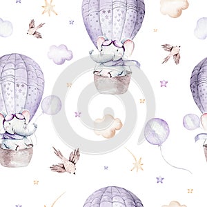 Watercolor purple illustration of a cute animal safary elephant and fancy sky scene complete with airplanes and balloons